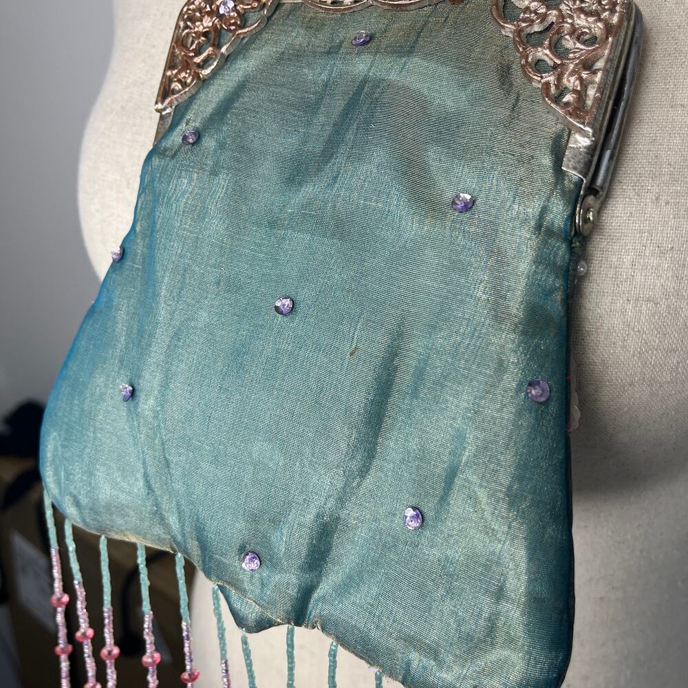 VTG Wayne M. Kleski Evening Bag Hand Beaded Blue Satin Fringe Handbag Victorian - Picture 5 of 9